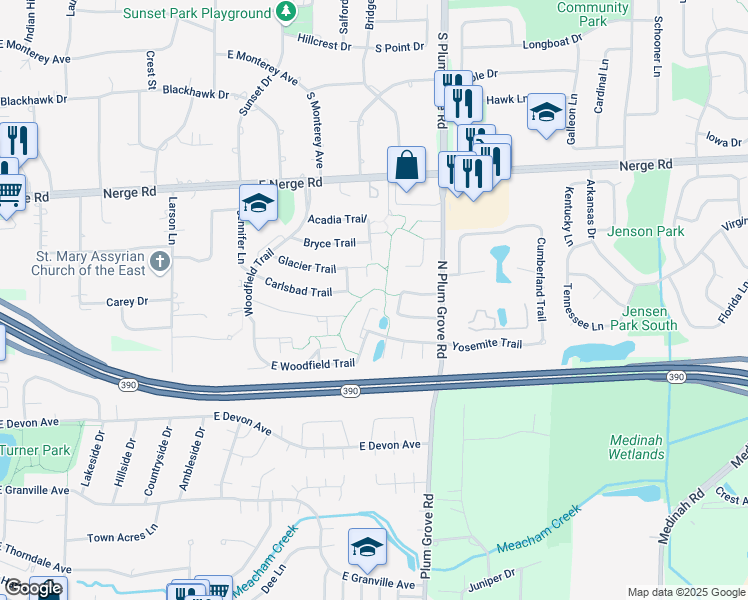 map of restaurants, bars, coffee shops, grocery stores, and more near 531 Yosemite Court in Roselle