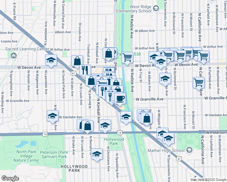 map of restaurants, bars, coffee shops, grocery stores, and more near 6131 North Lincoln Avenue in Chicago