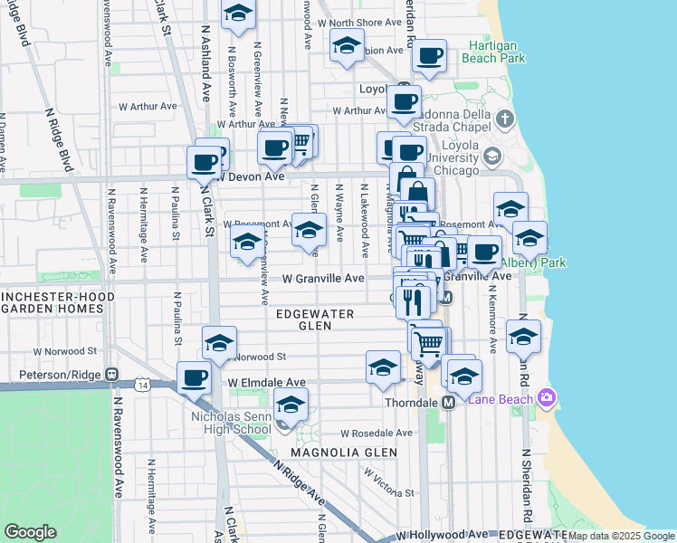 map of restaurants, bars, coffee shops, grocery stores, and more near 1332 West Granville Avenue in Chicago