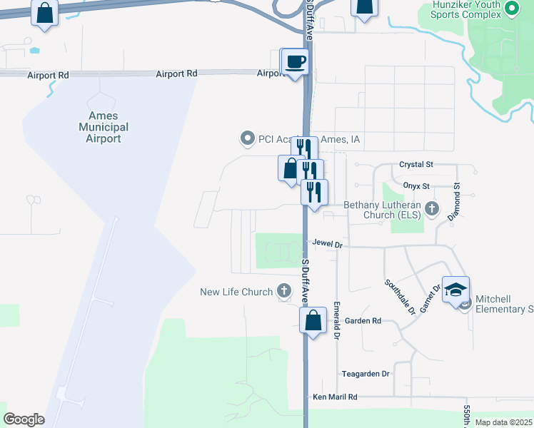 map of restaurants, bars, coffee shops, grocery stores, and more near 200 West Crystal Street in Ames