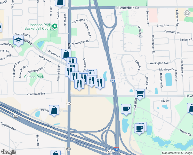 map of restaurants, bars, coffee shops, grocery stores, and more near 1045 Nerge Road in Elk Grove Village