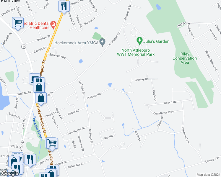 map of restaurants, bars, coffee shops, grocery stores, and more near Walcott Road in North Attleborough