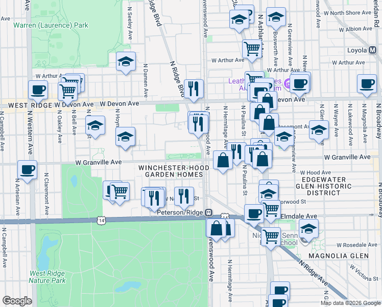 map of restaurants, bars, coffee shops, grocery stores, and more near 1820 West Granville Avenue in Chicago