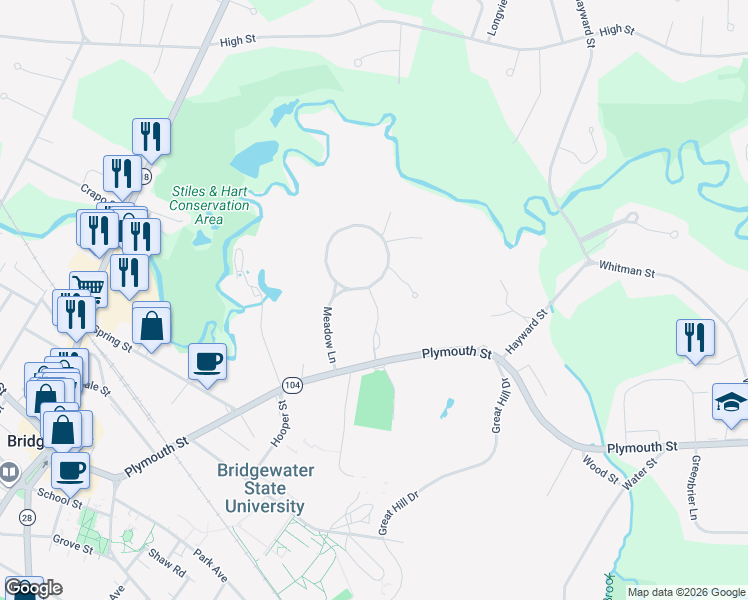 map of restaurants, bars, coffee shops, grocery stores, and more near 50 Meadow Lane in Bridgewater