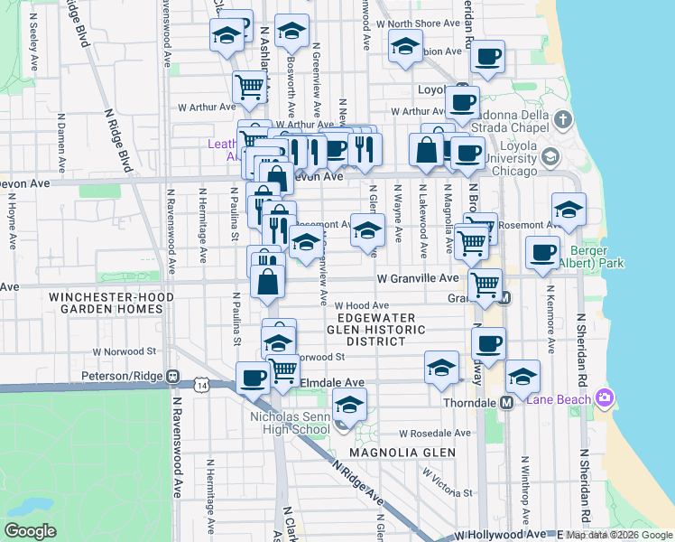 map of restaurants, bars, coffee shops, grocery stores, and more near 1454 West Thome Avenue in Chicago