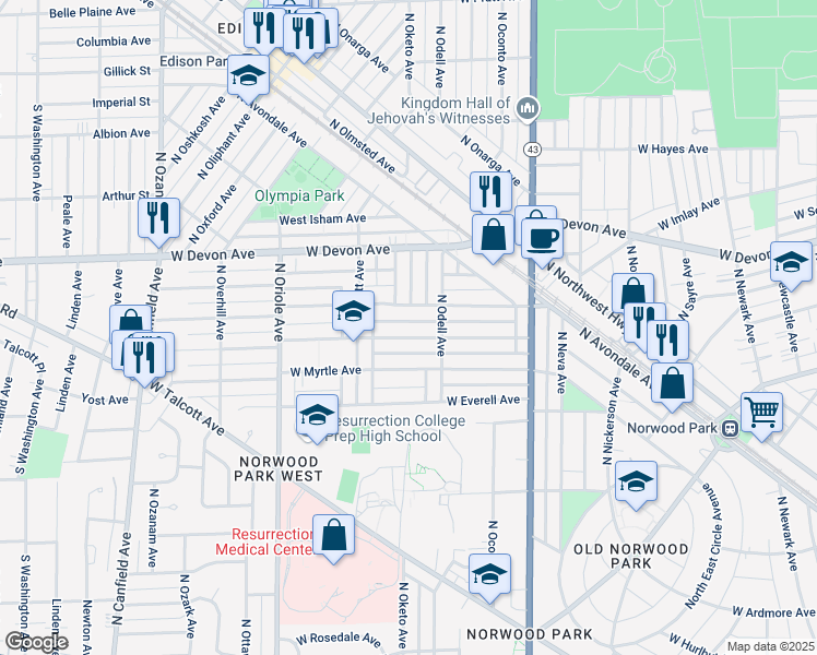 map of restaurants, bars, coffee shops, grocery stores, and more near 6301 North Oketo Avenue in Chicago