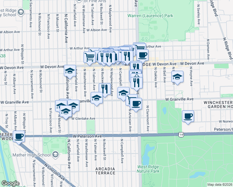 map of restaurants, bars, coffee shops, grocery stores, and more near 6221 North Artesian Avenue in Chicago