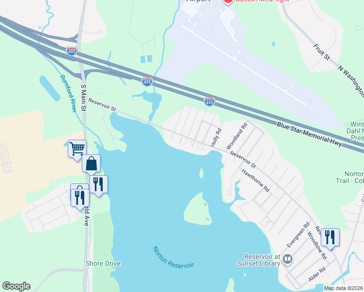 map of restaurants, bars, coffee shops, grocery stores, and more near 436 Reservoir Street in Norton