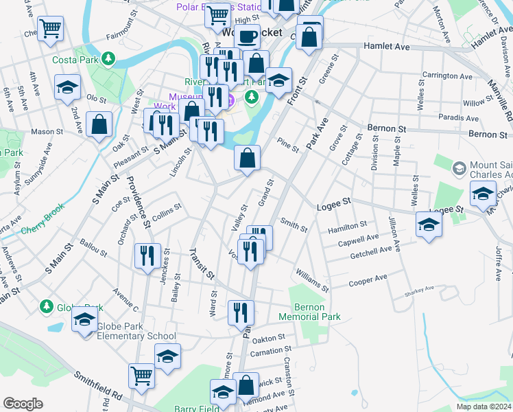 map of restaurants, bars, coffee shops, grocery stores, and more near 55 Grand Street in Woonsocket