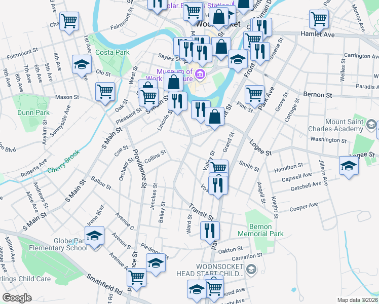 map of restaurants, bars, coffee shops, grocery stores, and more near 10 Transit Street in Woonsocket