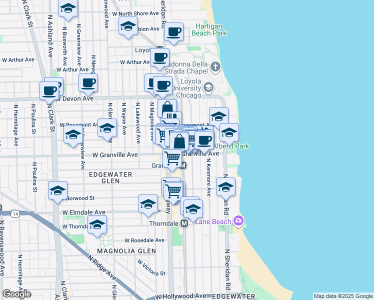 map of restaurants, bars, coffee shops, grocery stores, and more near 6228 North Winthrop Avenue in Chicago