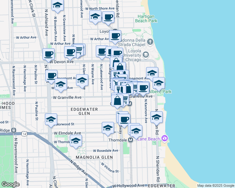 map of restaurants, bars, coffee shops, grocery stores, and more near 6231 North Magnolia Avenue in Chicago