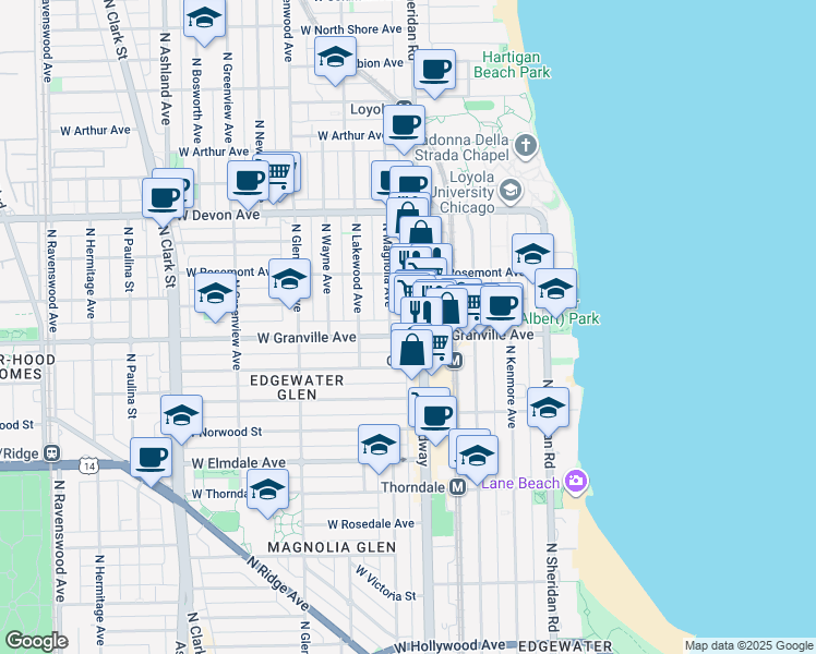 map of restaurants, bars, coffee shops, grocery stores, and more near 6231 North Magnolia Avenue in Chicago