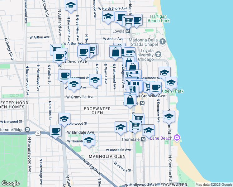 map of restaurants, bars, coffee shops, grocery stores, and more near 6234 North Lakewood Avenue in Chicago