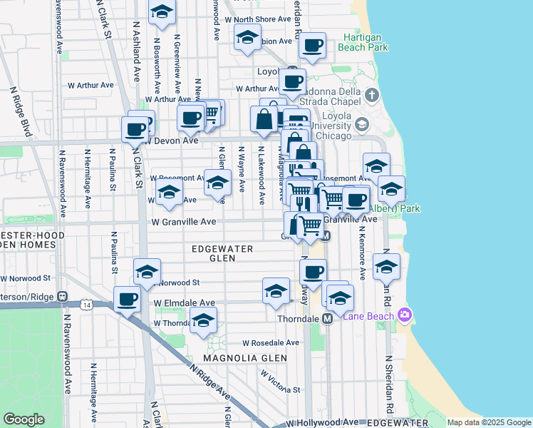 map of restaurants, bars, coffee shops, grocery stores, and more near 6234 North Lakewood Avenue in Chicago