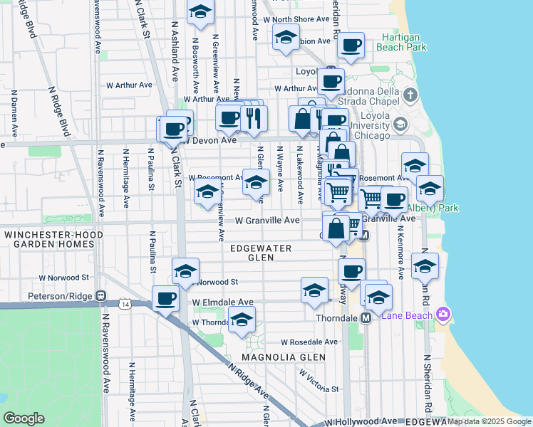 map of restaurants, bars, coffee shops, grocery stores, and more near 6234 North Wayne Avenue in Chicago