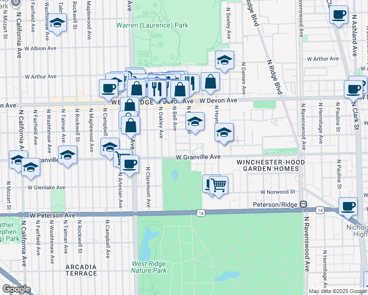 map of restaurants, bars, coffee shops, grocery stores, and more near 2208 West Thome Avenue in Chicago