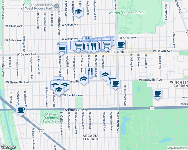 map of restaurants, bars, coffee shops, grocery stores, and more near 6251 North Rockwell Street in Chicago