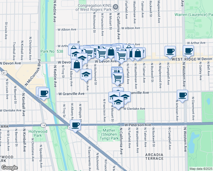 map of restaurants, bars, coffee shops, grocery stores, and more near 6259 North Francisco Avenue in Chicago