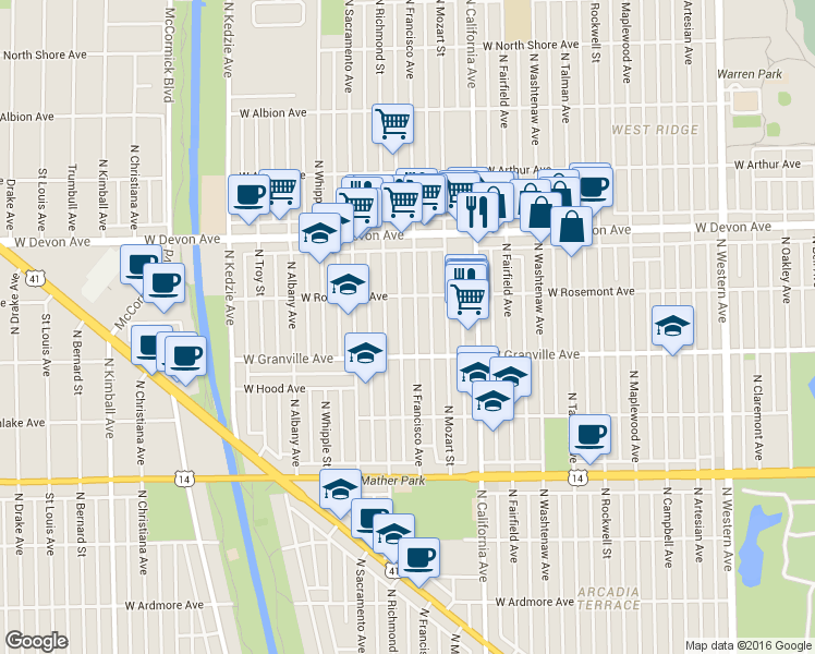 map of restaurants, bars, coffee shops, grocery stores, and more near 6259 North Francisco Avenue in Chicago