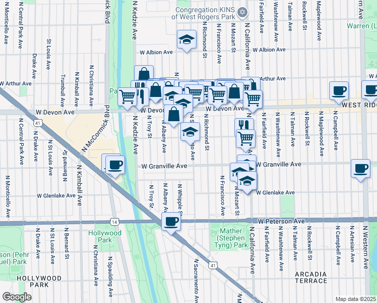 map of restaurants, bars, coffee shops, grocery stores, and more near 6256 North Sacramento Avenue in Chicago