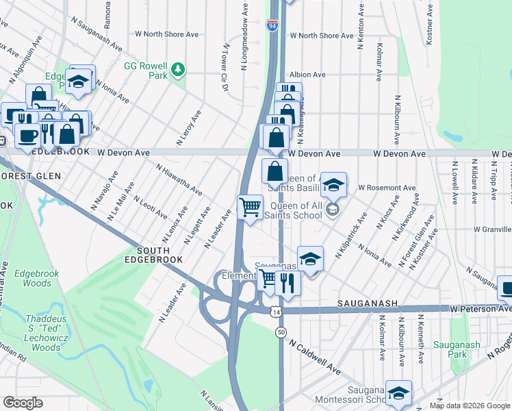 map of restaurants, bars, coffee shops, grocery stores, and more near 6246 North La Crosse Avenue in Chicago
