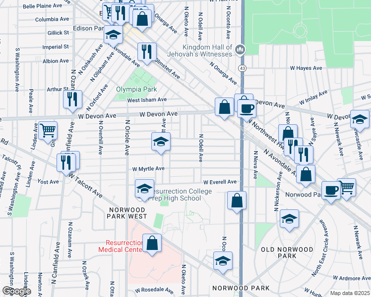 map of restaurants, bars, coffee shops, grocery stores, and more near 6301 North Oketo Avenue in Chicago