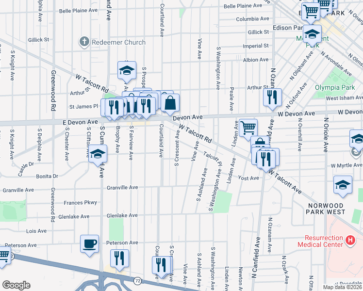 map of restaurants, bars, coffee shops, grocery stores, and more near 430 Talcott Place in Park Ridge