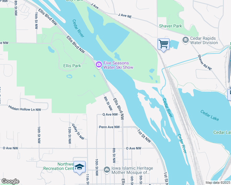 map of restaurants, bars, coffee shops, grocery stores, and more near 1895 Ellis Boulevard Northwest in Cedar Rapids