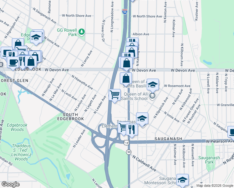 map of restaurants, bars, coffee shops, grocery stores, and more near 6246 North La Crosse Avenue in Chicago