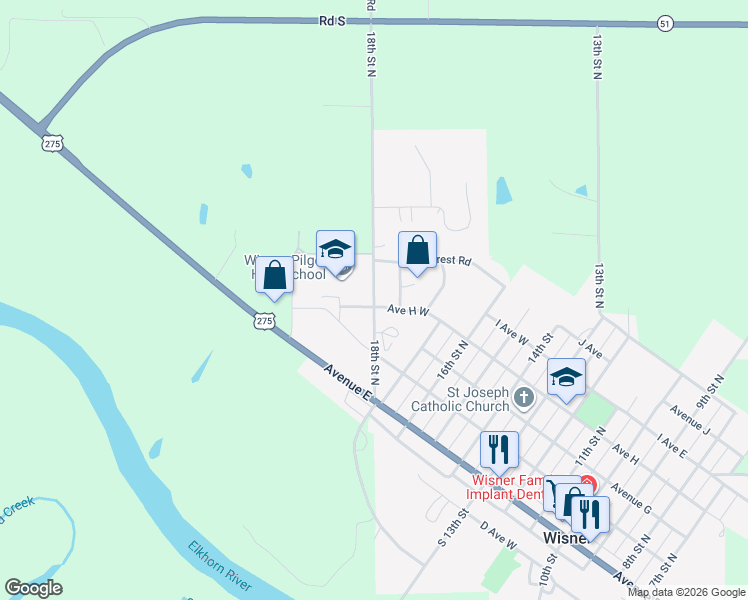 map of restaurants, bars, coffee shops, grocery stores, and more near 18th Street North in Wisner