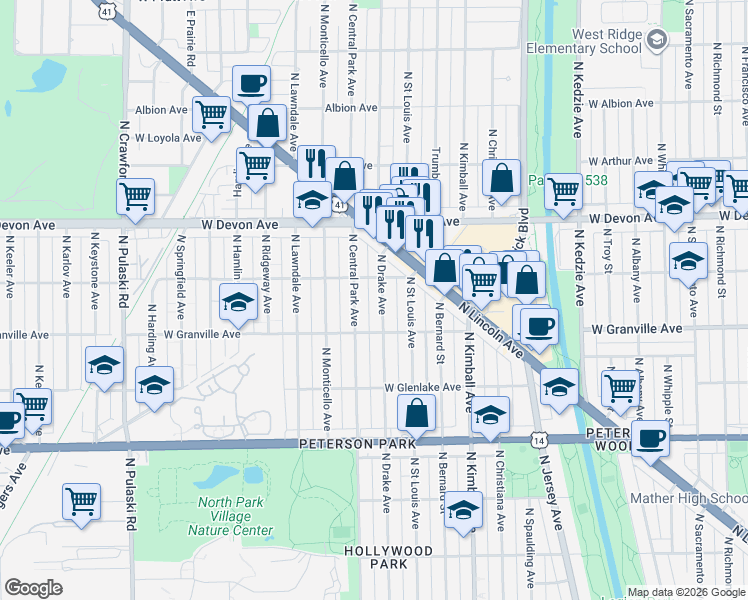 map of restaurants, bars, coffee shops, grocery stores, and more near 3557 West Rosemont Avenue in Chicago