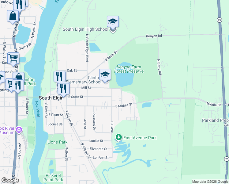 map of restaurants, bars, coffee shops, grocery stores, and more near 19 North East Avenue in South Elgin