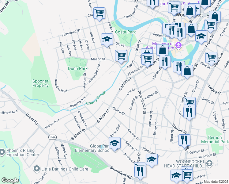 map of restaurants, bars, coffee shops, grocery stores, and more near 108 Mason Street in Woonsocket
