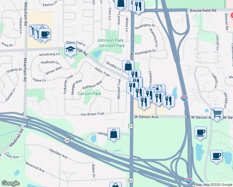 map of restaurants, bars, coffee shops, grocery stores, and more near 1440 Mitchell Trail in Elk Grove Village