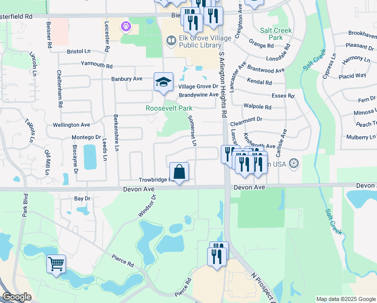 map of restaurants, bars, coffee shops, grocery stores, and more near 205 Parkchester Road in Elk Grove Village