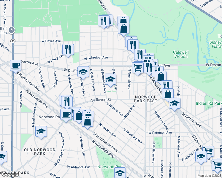 map of restaurants, bars, coffee shops, grocery stores, and more near 6634 West Raven Street in Chicago