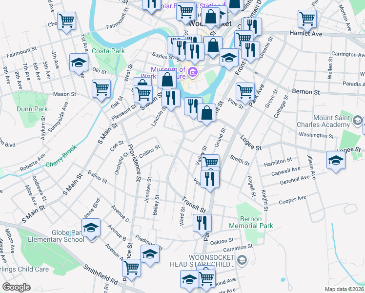map of restaurants, bars, coffee shops, grocery stores, and more near 10 Transit Street in Woonsocket