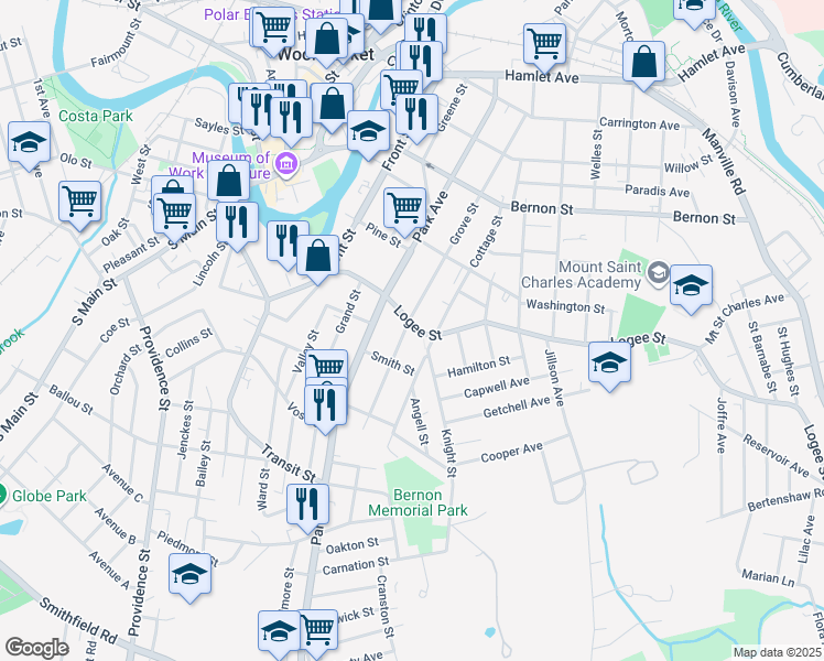 map of restaurants, bars, coffee shops, grocery stores, and more near 225 Logee Street in Woonsocket