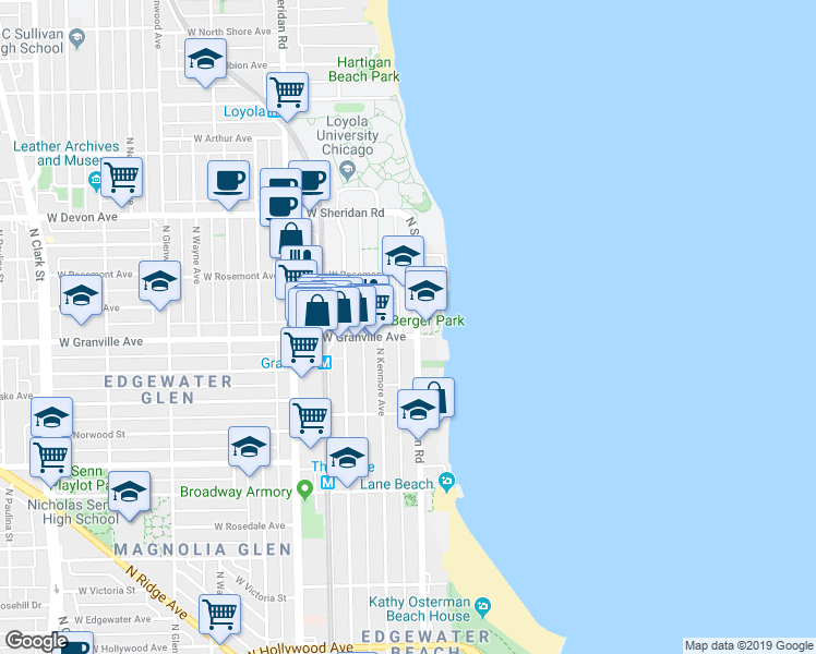map of restaurants, bars, coffee shops, grocery stores, and more near 6200 North Sheridan Road in Chicago
