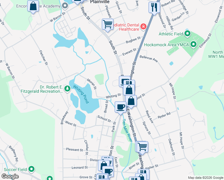 map of restaurants, bars, coffee shops, grocery stores, and more near 35 Whiting Street in North Attleborough