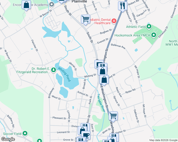map of restaurants, bars, coffee shops, grocery stores, and more near 35 Whiting Street in North Attleborough