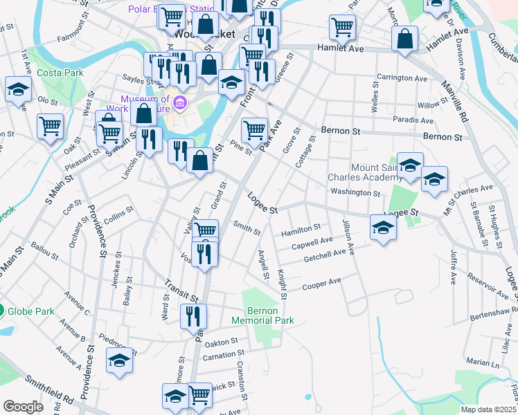 map of restaurants, bars, coffee shops, grocery stores, and more near 225 Logee Street in Woonsocket