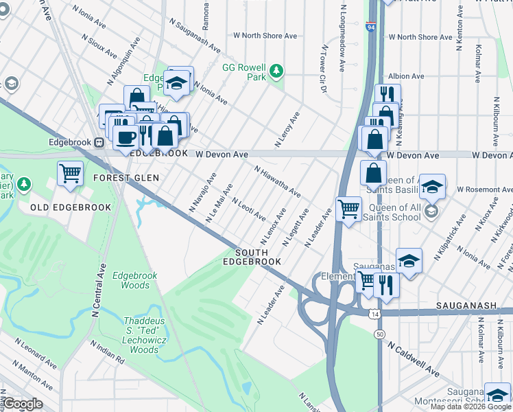 map of restaurants, bars, coffee shops, grocery stores, and more near 6329 North Leroy Avenue in Chicago