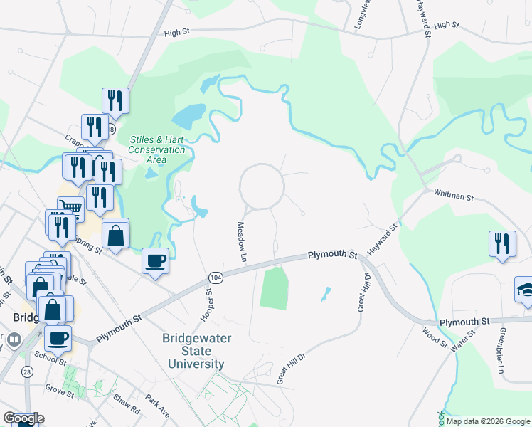 map of restaurants, bars, coffee shops, grocery stores, and more near 55 Meadow Lane in Bridgewater