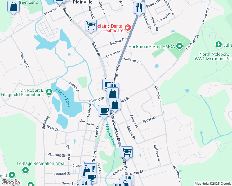 map of restaurants, bars, coffee shops, grocery stores, and more near 26 Summer Street in North Attleborough