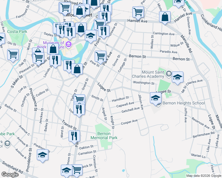 map of restaurants, bars, coffee shops, grocery stores, and more near 232 Cottage Street in Woonsocket