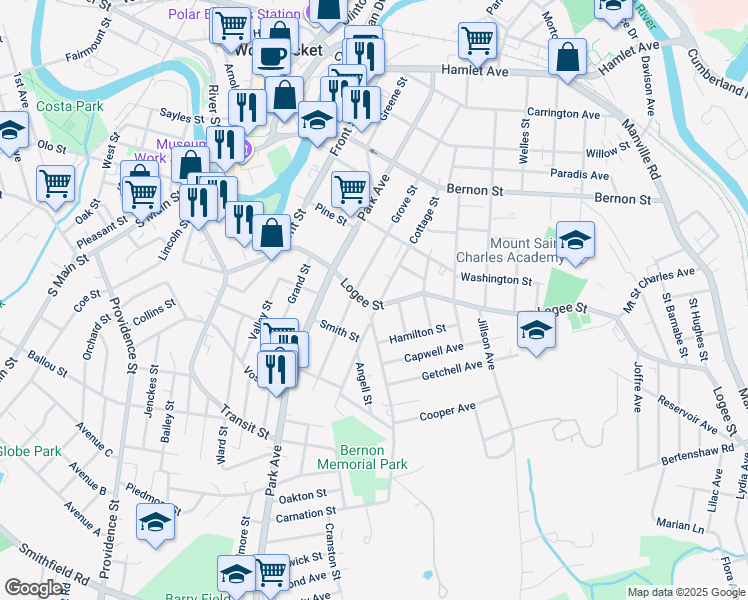 map of restaurants, bars, coffee shops, grocery stores, and more near 546 Grove Street in Woonsocket