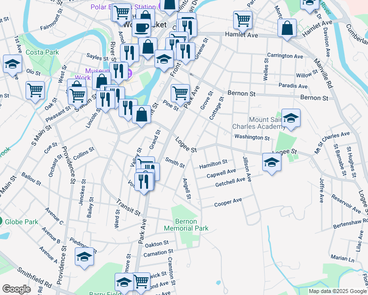 map of restaurants, bars, coffee shops, grocery stores, and more near 546 Grove Street in Woonsocket