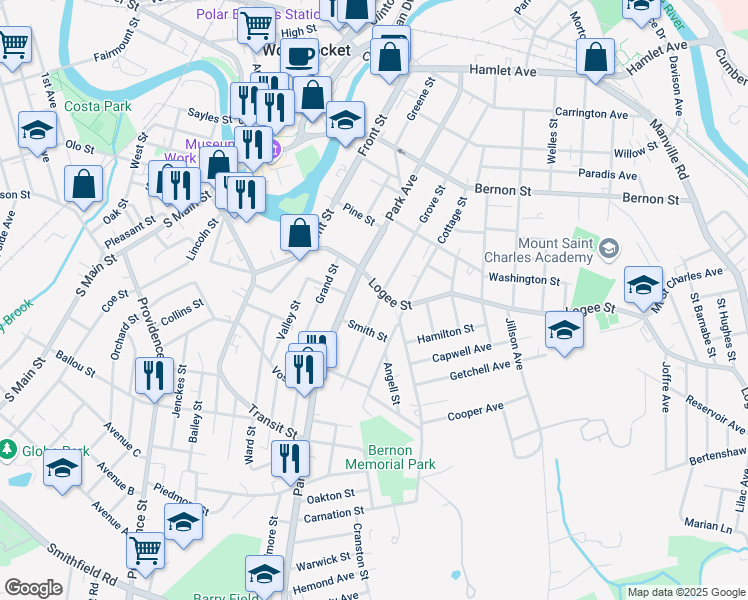 map of restaurants, bars, coffee shops, grocery stores, and more near 546 Park Avenue in Woonsocket